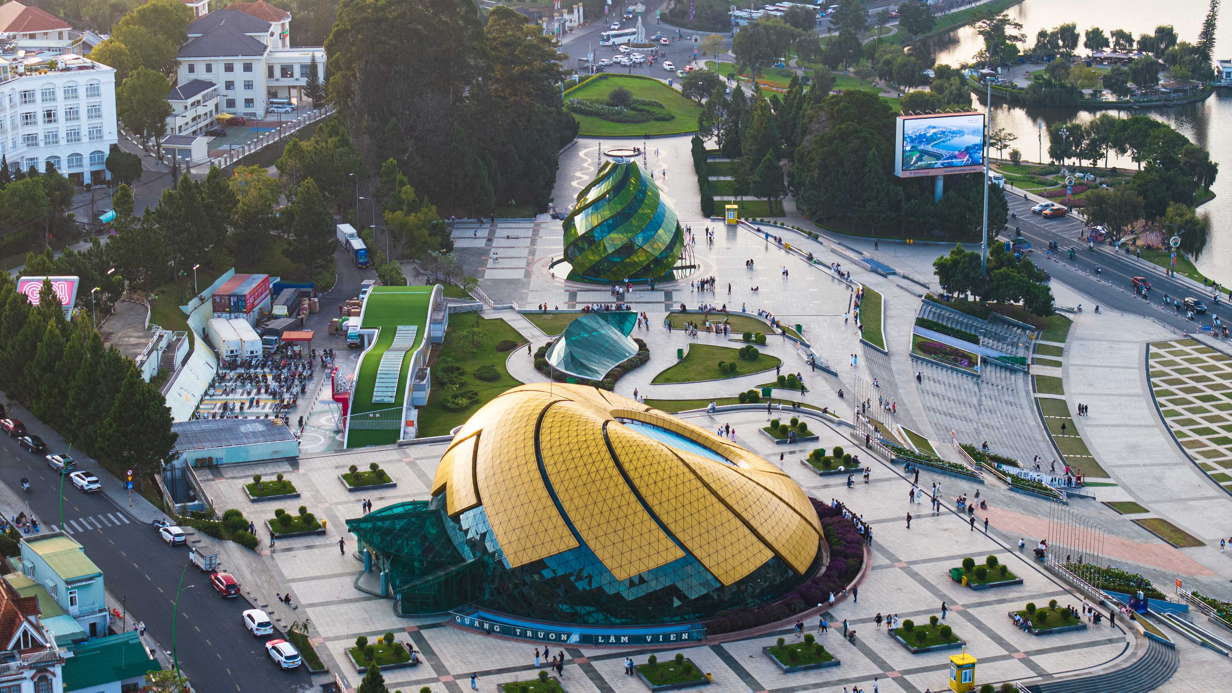 Nam Vien Square at sunset - featuring the unique architectural designs of the artichoke flower bud and wild sunflower buildings. Da Lat, Vietnam - January 9th, 2025